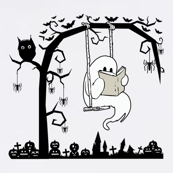 Cute Ghost Swinging Reading Book Halloween Ghost Reading Meaningful Gift Sustainable Bucket Hat