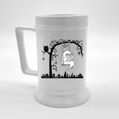 Cute Ghost Swinging Reading Book Halloween Ghost Reading Meaningful Gift Beer Stein