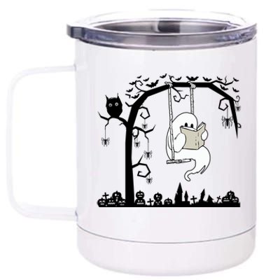 Cute Ghost Swinging Reading Book Halloween Ghost Reading Meaningful Gift 12 oz Stainless Steel Tumbler Cup