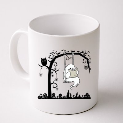 Cute Ghost Swinging Reading Book Halloween Ghost Reading Meaningful Gift Coffee Mug