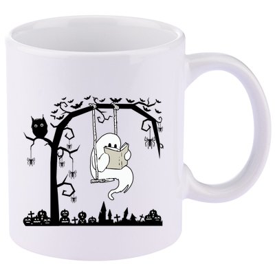 Cute Ghost Swinging Reading Book Halloween Ghost Reading Meaningful Gift 11oz C Handle Ceramic Mug