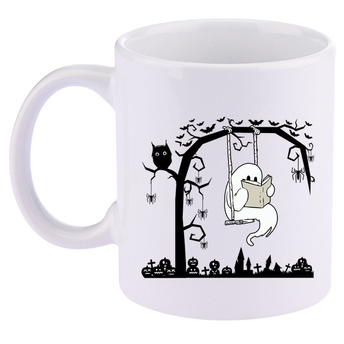 Cute Ghost Swinging Reading Book Halloween Ghost Reading Meaningful Gift 11oz C Handle Ceramic Mug