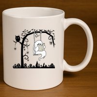 Cute Ghost Swinging Reading Book Halloween Ghost Reading Meaningful Gift 11oz C Handle Ceramic Mug
