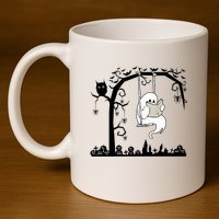 Cute Ghost Swinging Reading Book Halloween Ghost Reading Meaningful Gift 11oz C Handle Ceramic Mug
