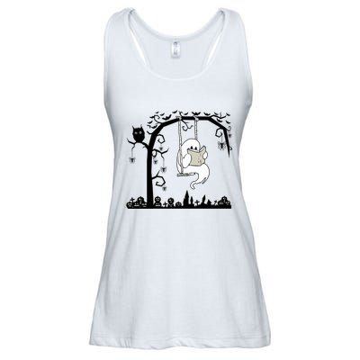 Cute Ghost Swinging Reading Book Halloween Ghost Reading Meaningful Gift Ladies Essential Flowy Tank