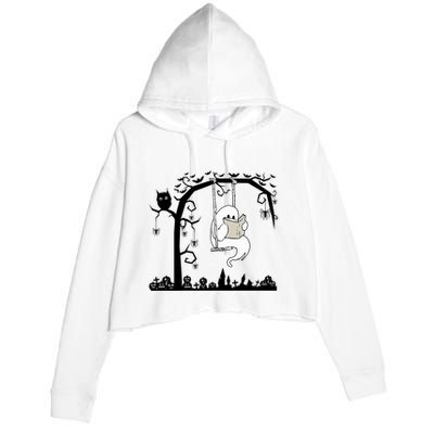 Cute Ghost Swinging Reading Book Halloween Ghost Reading Meaningful Gift Crop Fleece Hoodie