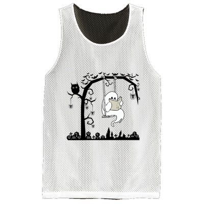 Cute Ghost Swinging Reading Book Halloween Ghost Reading Meaningful Gift Mesh Reversible Basketball Jersey Tank