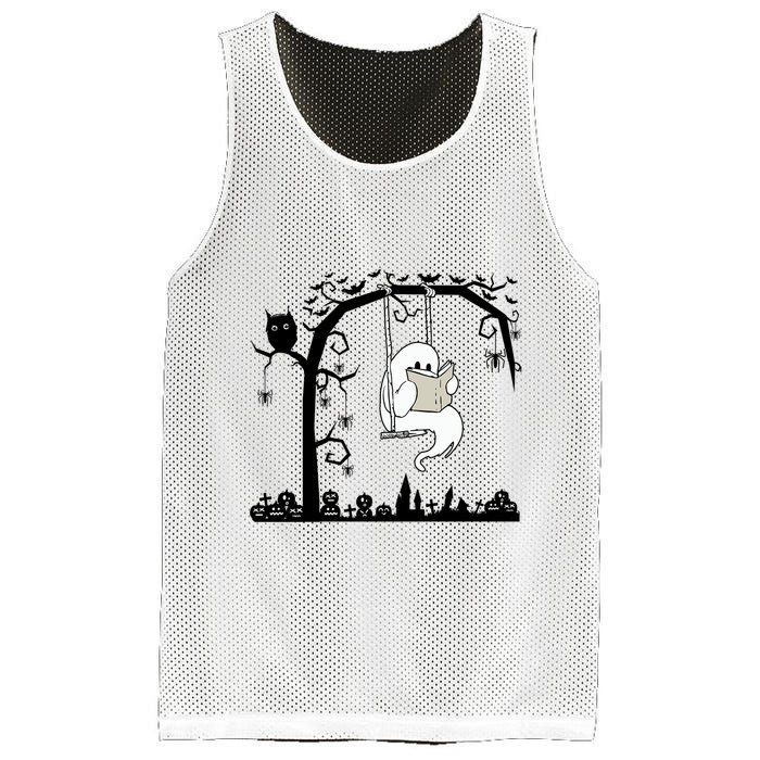 Cute Ghost Swinging Reading Book Halloween Ghost Reading Meaningful Gift Mesh Reversible Basketball Jersey Tank