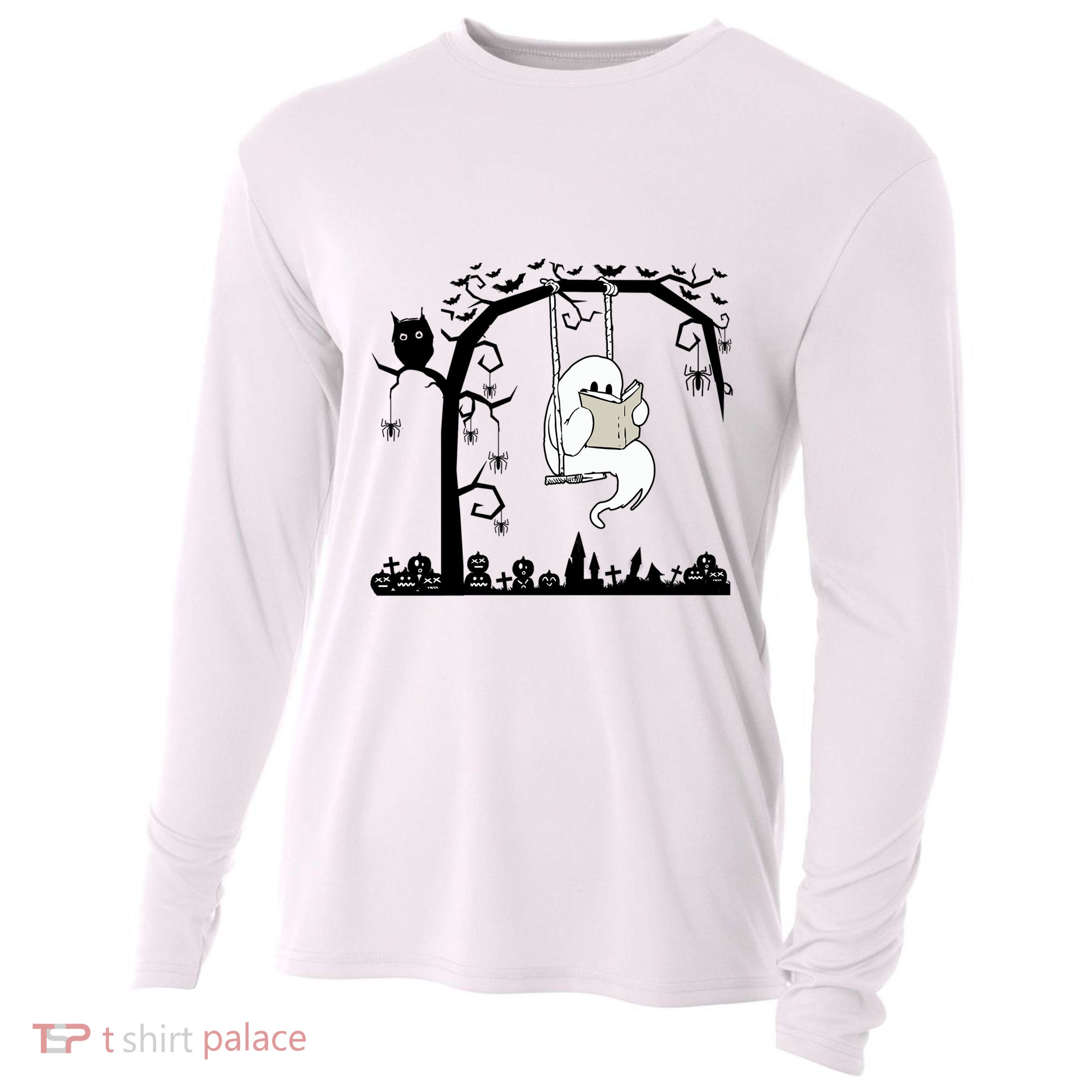 Cute Ghost Swinging Reading Book Halloween Ghost Reading Meaningful Gift Cooling Performance Long Sleeve Crew