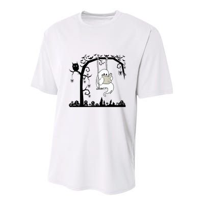 Cute Ghost Swinging Reading Book Halloween Ghost Reading Meaningful Gift Youth Performance Sprint T-Shirt