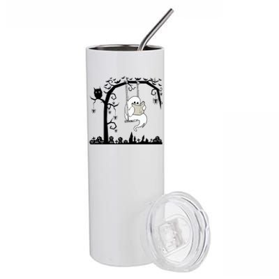 Cute Ghost Swinging Reading Book Halloween Ghost Reading Meaningful Gift Stainless Steel Tumbler