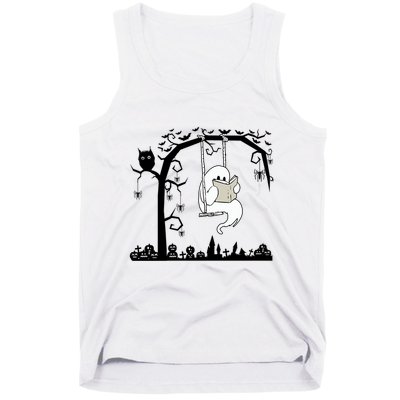 Cute Ghost Swinging Reading Book Halloween Ghost Reading Meaningful Gift Tank Top