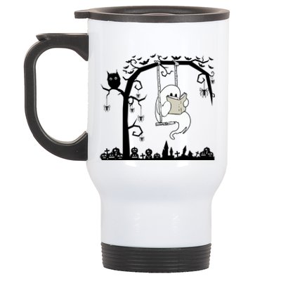 Cute Ghost Swinging Reading Book Halloween Ghost Reading Meaningful Gift Stainless Steel Travel Mug