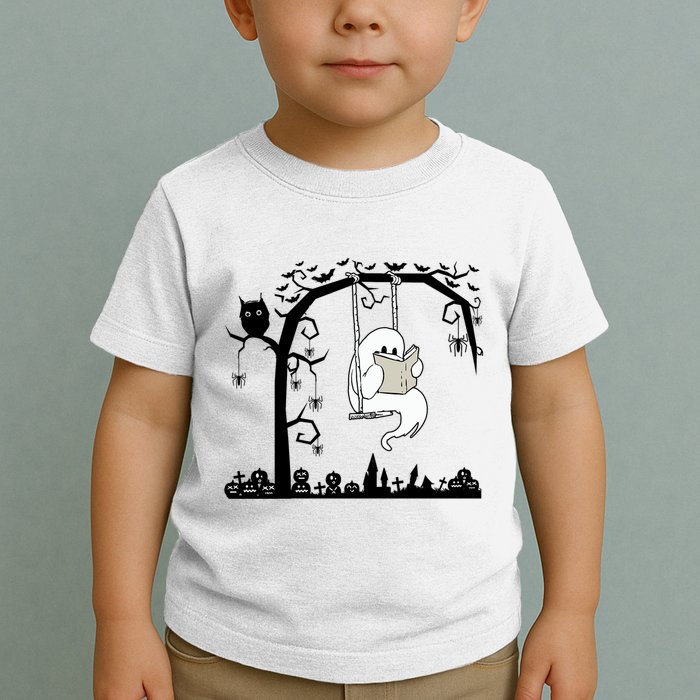 Cute Ghost Swinging Reading Book Halloween Ghost Reading Meaningful Gift Toddler T-Shirt