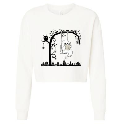 Cute Ghost Swinging Reading Book Halloween Ghost Reading Meaningful Gift Cropped Pullover Crew