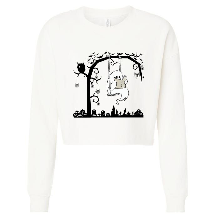 Cute Ghost Swinging Reading Book Halloween Ghost Reading Meaningful Gift Cropped Pullover Crew