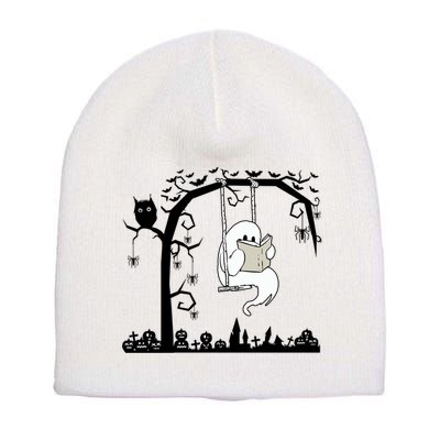 Cute Ghost Swinging Reading Book Halloween Ghost Reading Meaningful Gift Short Acrylic Beanie