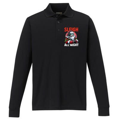 Christmas Gamer Sleigh All Night Video Game Santa Xmas Performance Long Sleeve Polo