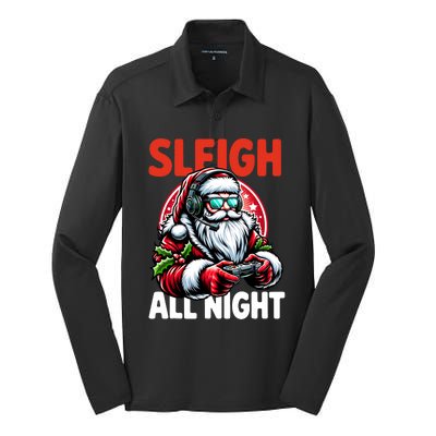 Christmas Gamer Sleigh All Night Video Game Santa Xmas Silk Touch Performance Long Sleeve Polo