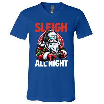 Christmas Gamer Sleigh All Night Video Game Santa Xmas V-Neck T-Shirt