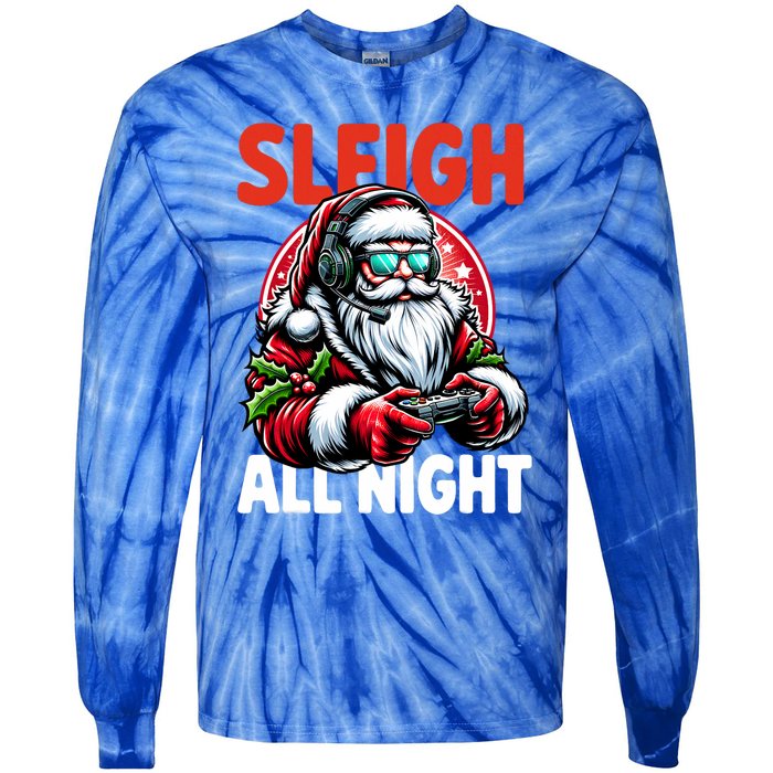 Christmas Gamer Sleigh All Night Video Game Santa Xmas Tie-Dye Long Sleeve Shirt