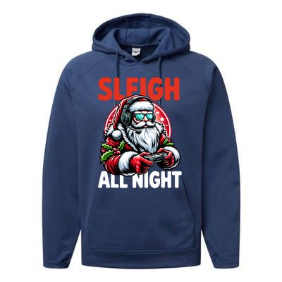 Christmas Gamer Sleigh All Night Video Game Santa Xmas Performance Fleece Hoodie