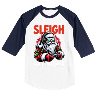 Christmas Gamer Sleigh All Night Video Game Santa Xmas Baseball Sleeve Shirt