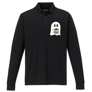 Cute Ghost Spooky Coffee Spooky Season Fall Coffee Lover Gift Performance Long Sleeve Polo