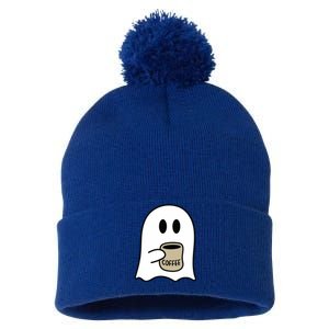 Cute Ghost Spooky Coffee Spooky Season Fall Coffee Lover Gift Pom Pom 12in Knit Beanie