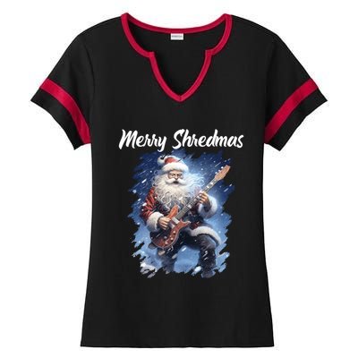 Christmas Guitarist Santa Playing Electric Guitar Rock Music Gift Ladies Halftime Notch Neck Tee