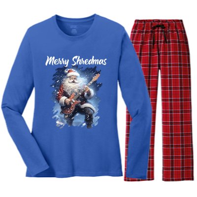 Christmas Guitarist Santa Playing Electric Guitar Rock Music Gift Women's Long Sleeve Flannel Pajama Set 