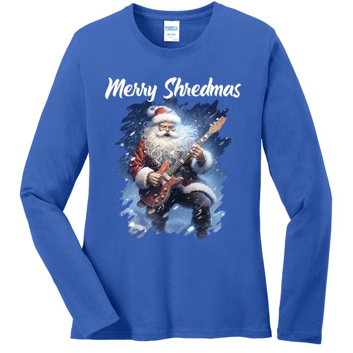 Christmas Guitarist Santa Playing Electric Guitar Rock Music Gift Ladies Long Sleeve Shirt