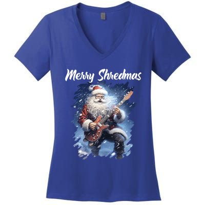 Christmas Guitarist Santa Playing Electric Guitar Rock Music Gift Women's V-Neck T-Shirt