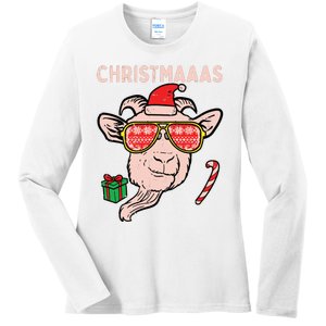 Christmas Goat Santa Xmas Farm Animal Farmer Ladies Long Sleeve Shirt