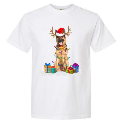 Cute Ger Shepherd Dog Christmas Lights Santa Hat Xmas Gift Garment-Dyed Heavyweight T-Shirt