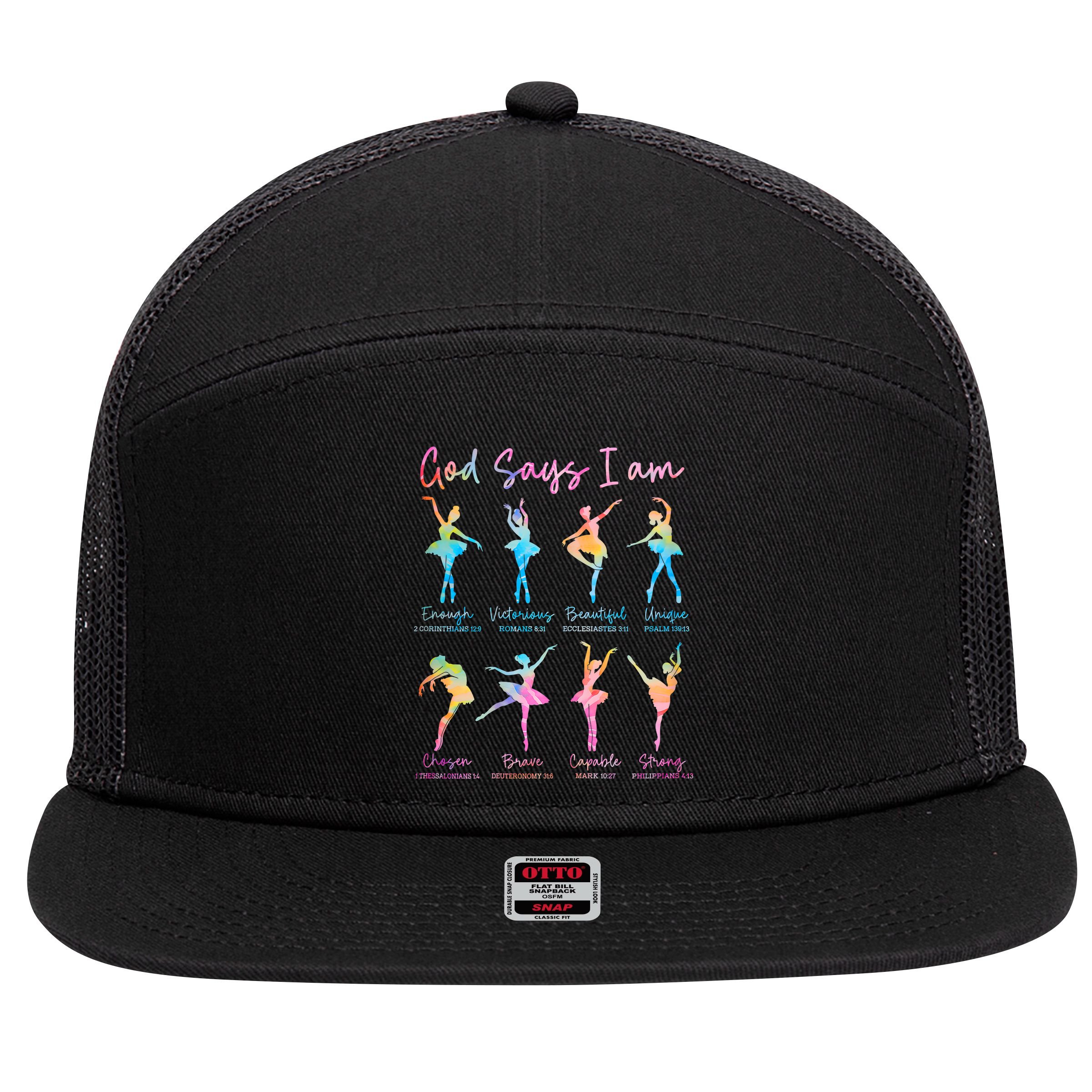 Christian God Says I Am Bible Verse Tie Dye Ballet Dancer  7 Panel Mesh Trucker Snapback Hat