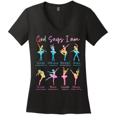 Christian God Says I Am Bible Verse Tie Dye Ballet Dancer  Women's V-Neck T-Shirt