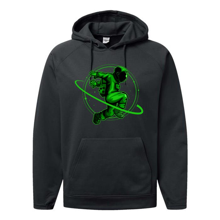 Cool Green Space Astronaut Jumping Retro Performance Fleece Hoodie