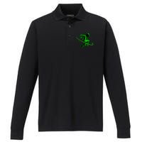 Cool Green Space Astronaut Jumping Retro Performance Long Sleeve Polo