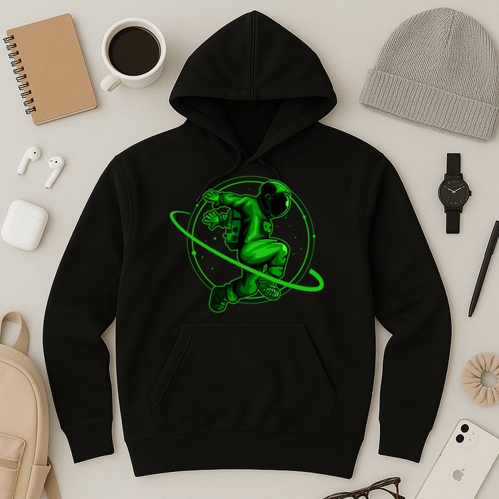 Cool Green Space Astronaut Jumping Retro Hoodie