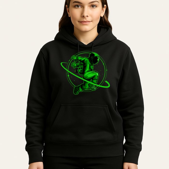 Cool Green Space Astronaut Jumping Retro Hoodie