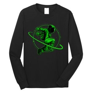 Cool Green Space Astronaut Jumping Retro Long Sleeve Shirt