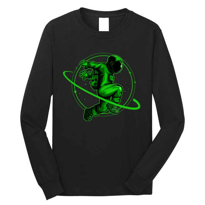 Cool Green Space Astronaut Jumping Retro Long Sleeve Shirt