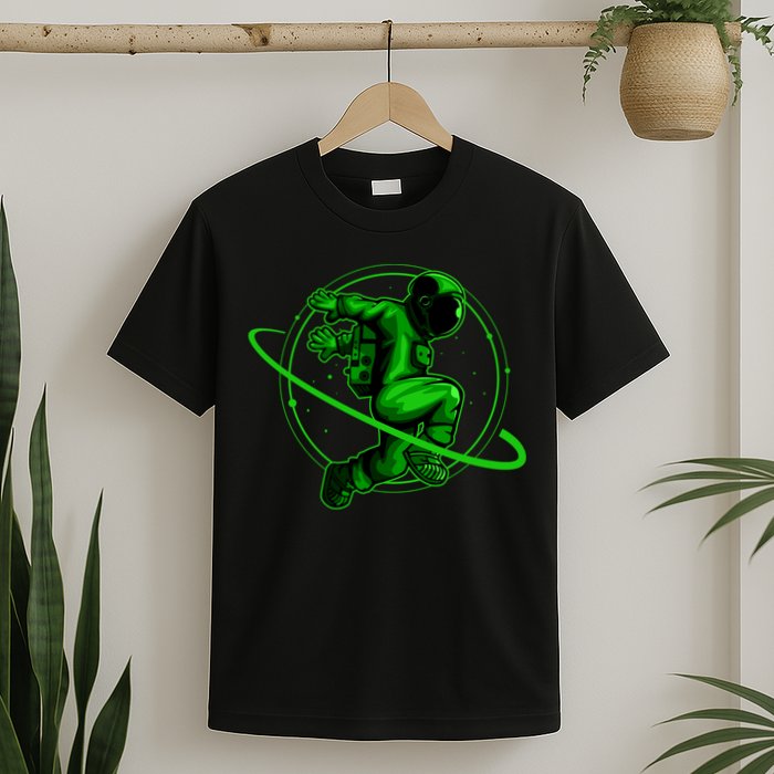 Cool Green Space Astronaut Jumping Retro T-Shirt