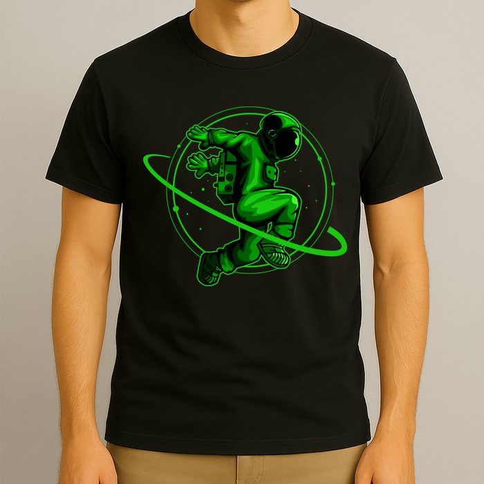 Cool Green Space Astronaut Jumping Retro T-Shirt
