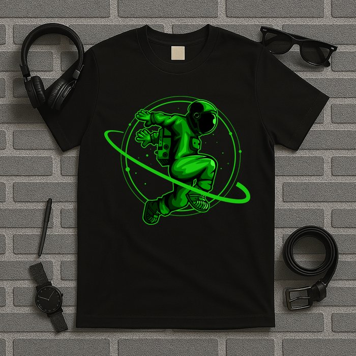 Cool Green Space Astronaut Jumping Retro T-Shirt