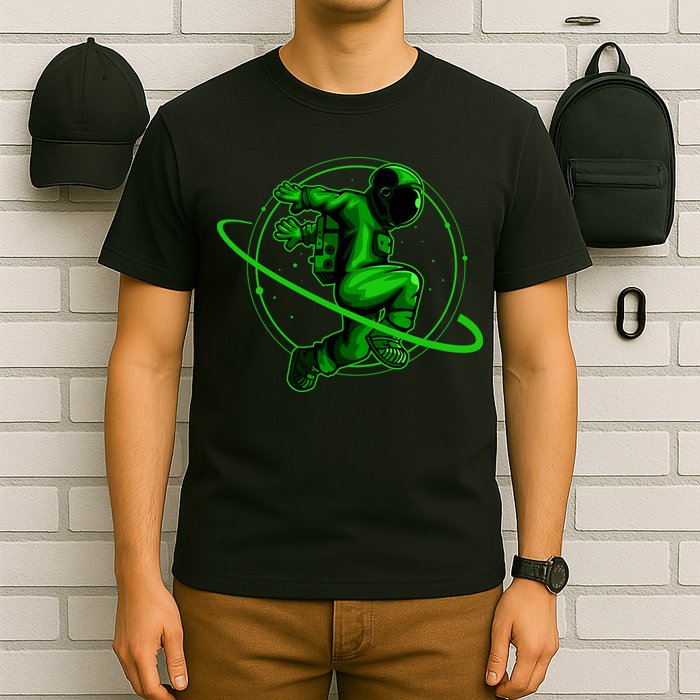 Cool Green Space Astronaut Jumping Retro T-Shirt