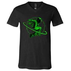 Cool Green Space Astronaut Jumping Retro V-Neck T-Shirt