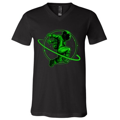 Cool Green Space Astronaut Jumping Retro V-Neck T-Shirt