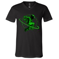 Cool Green Space Astronaut Jumping Retro V-Neck T-Shirt